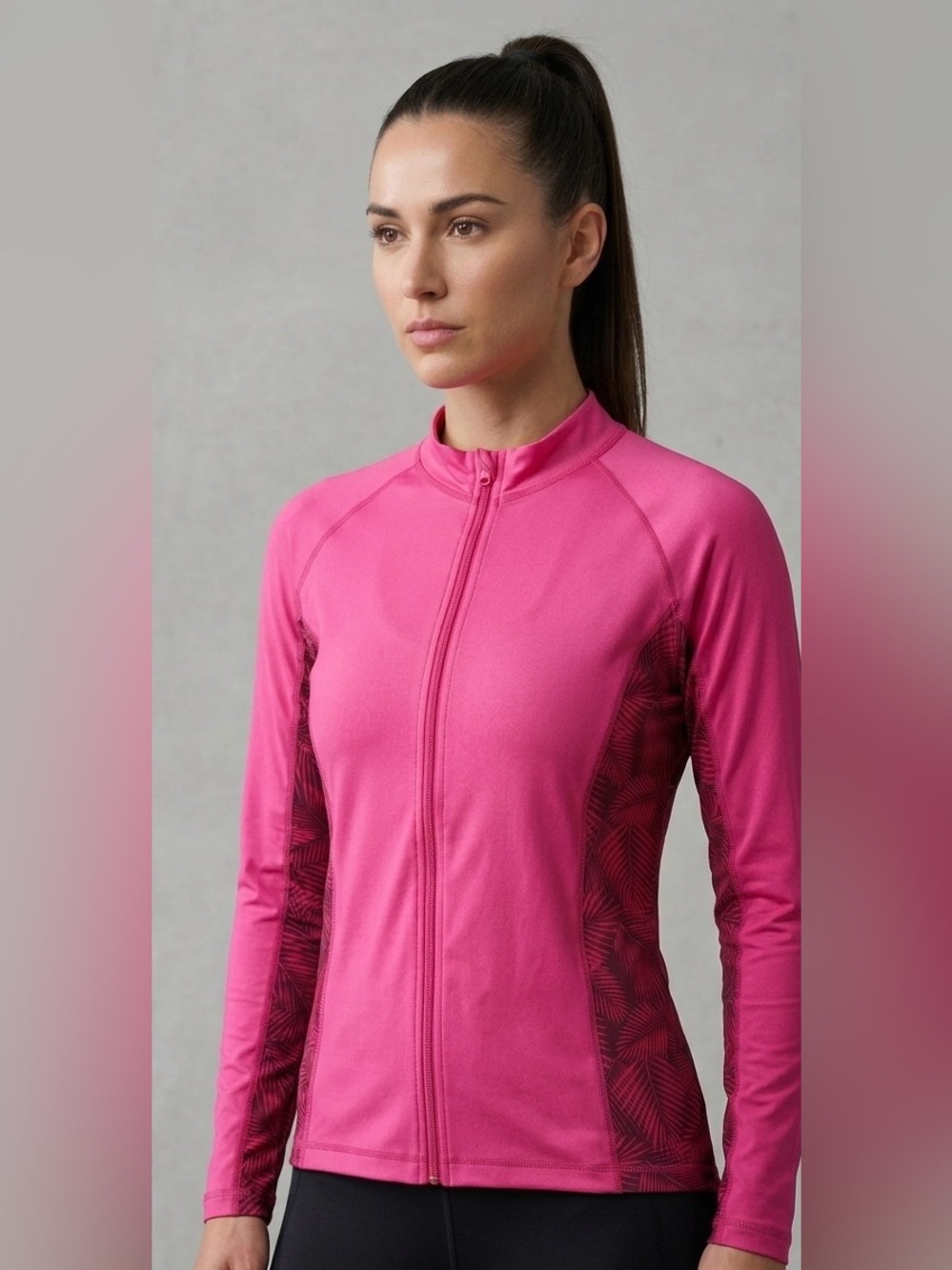 Tesla Women's Full Zip Long Sleeve Rash Guard Top Pink Palm Print activewear